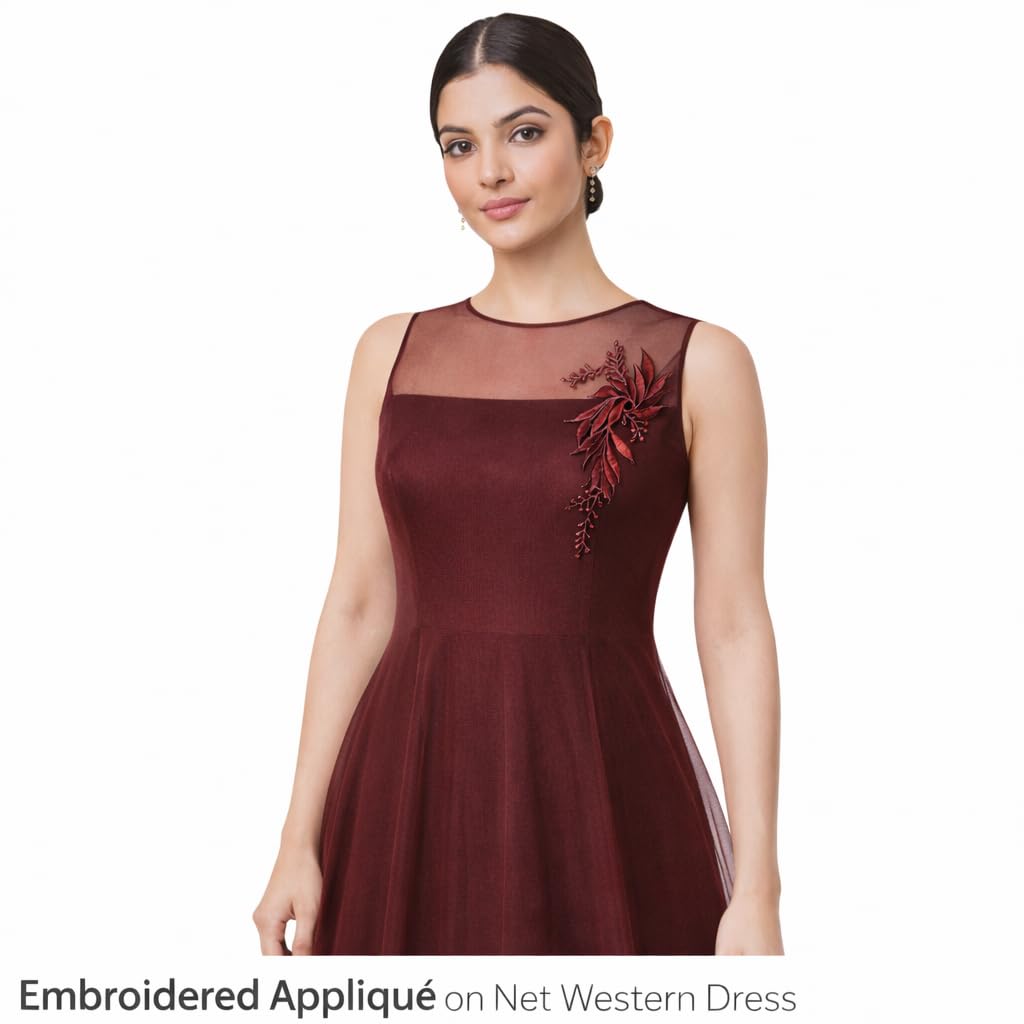 S.A.V.I Burgundy & Silver Floral Iron-On Embroidered Appliqué Patch 7.5 x 17 cm | Leaf Motif Threadwork Design for Dresses, Sarees, Blouses & DIY Fabric Craft (Left, Burgundy, 7.5 x 17 cm)