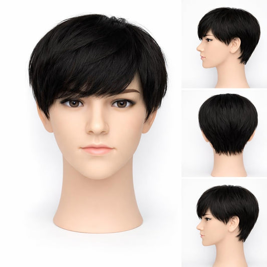 S.A.V.I 100% Human Hair Wig for Men, Natural Black Korean Style Short Pixie Cut, Straight Layered Full Coverage, Realistic Scalp Appearance, Breathable & Lightweight