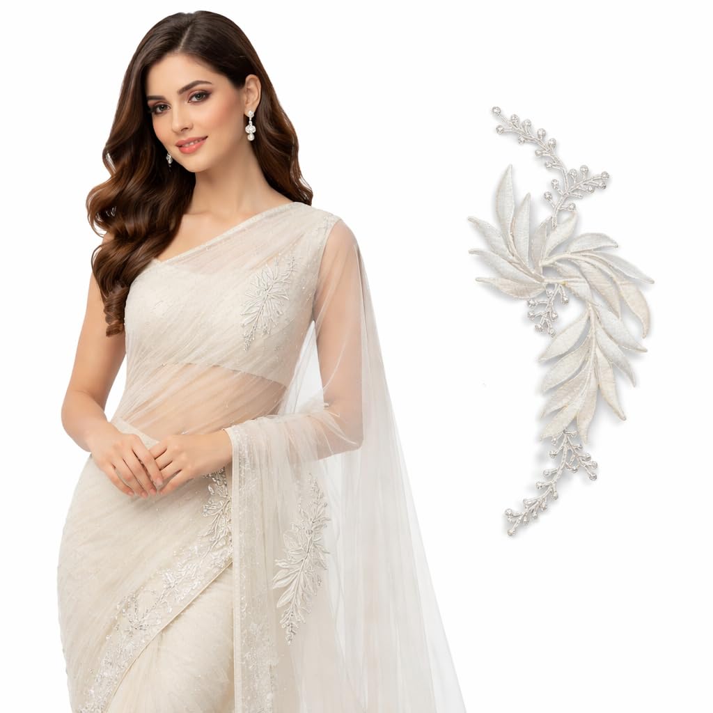 S.A.V.I White & Silver Floral Iron-On Embroidered Appliqué Patch 7.5 x 17 cm | Leaf Motif Threadwork Design for Dresses, Sarees, Blouses & DIY Fabric Craft (Right, White, 7.5 x 17 cm)