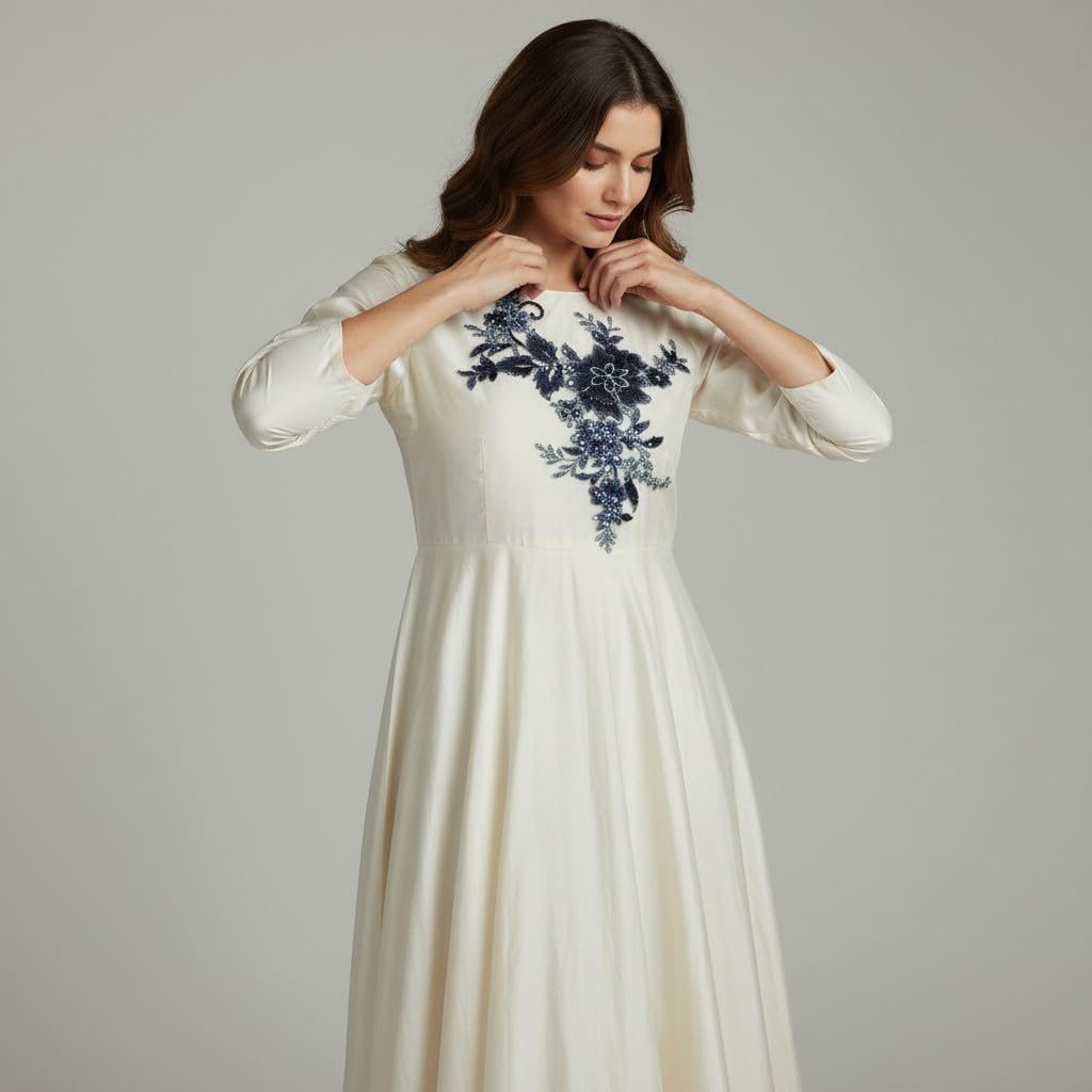 S.A.V.I Navy Blue Floral Sew-On Appliqué Patch 25 x 29 cm | Sequin & Thread Work Net Mesh | Designer Neckline Motif for Anarkali, Kurti, Gown & Dresses (Navy Blue)