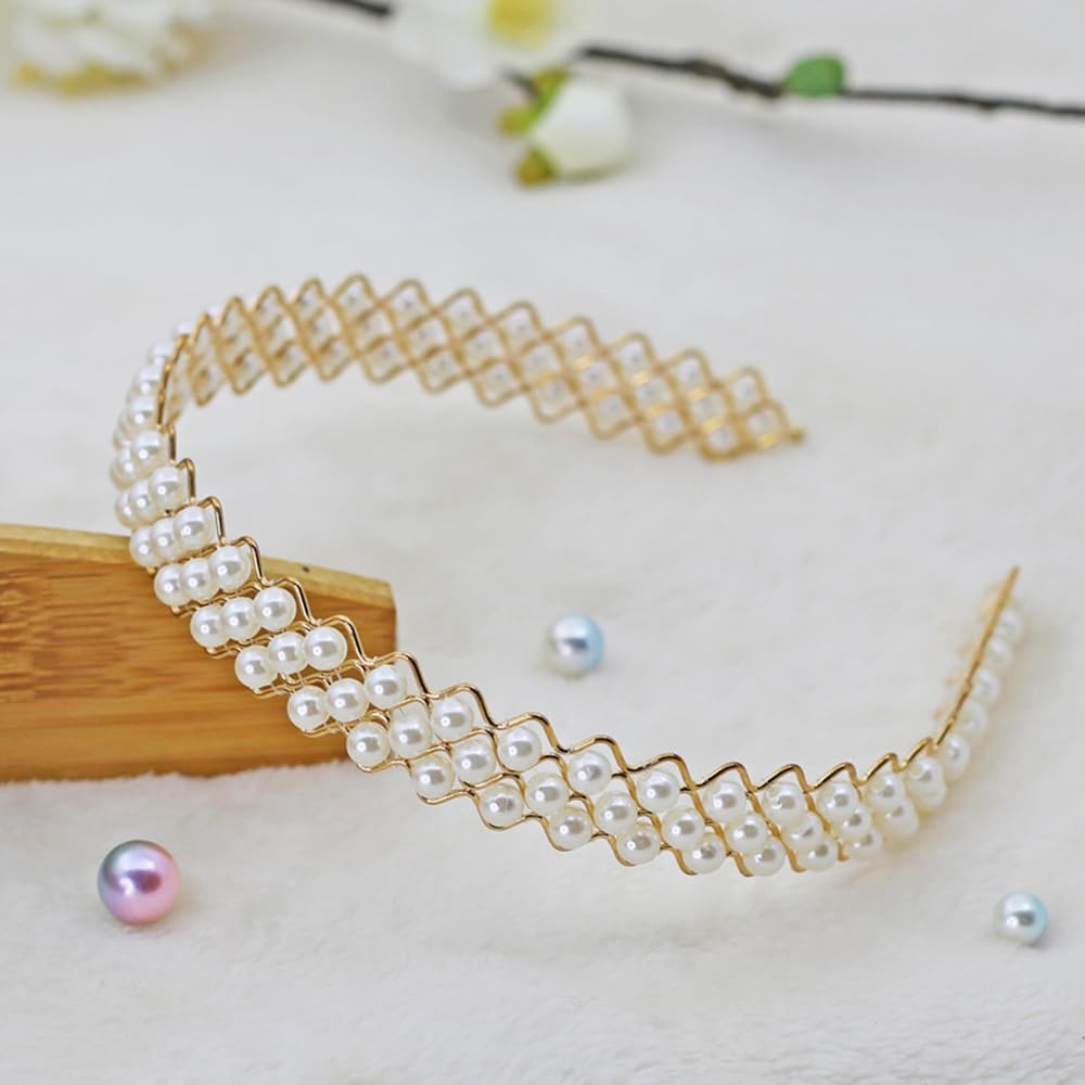 S.A.V.I Gold Plated Pearl Headband for Women & Girls | 14cm Elegant White Faux Pearl Hairband | Stylish Zigzag Metal Design | Party, Wedding, Ethnic Hair Accessory