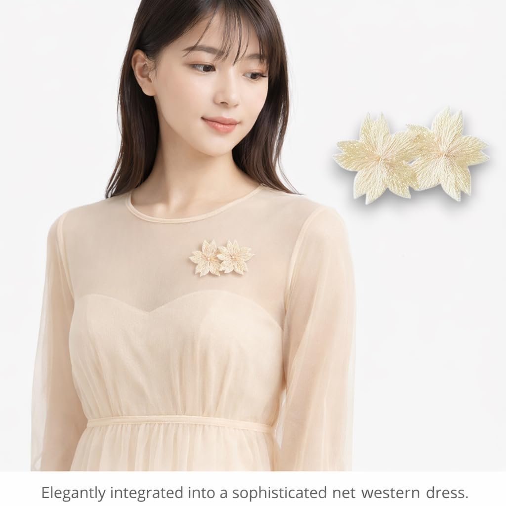 S.A.V.I Beige Floral Embroidered Iron-On Appliqué Patch, Double Cherry Blossom Design, Soft Thread Work for Dresses, Blouses, Lehengas & DIY Crafts, 5.3 x 3.3 cm (Beige)