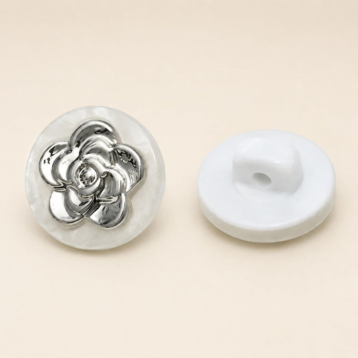S.A.V.I Silver Camellia Shank Buttons for Kurti, 11mm, Set of 6 | White Pearl-Look, Floral Design, For Blouse & Dress, Craft Projects, Decorative Embellishments