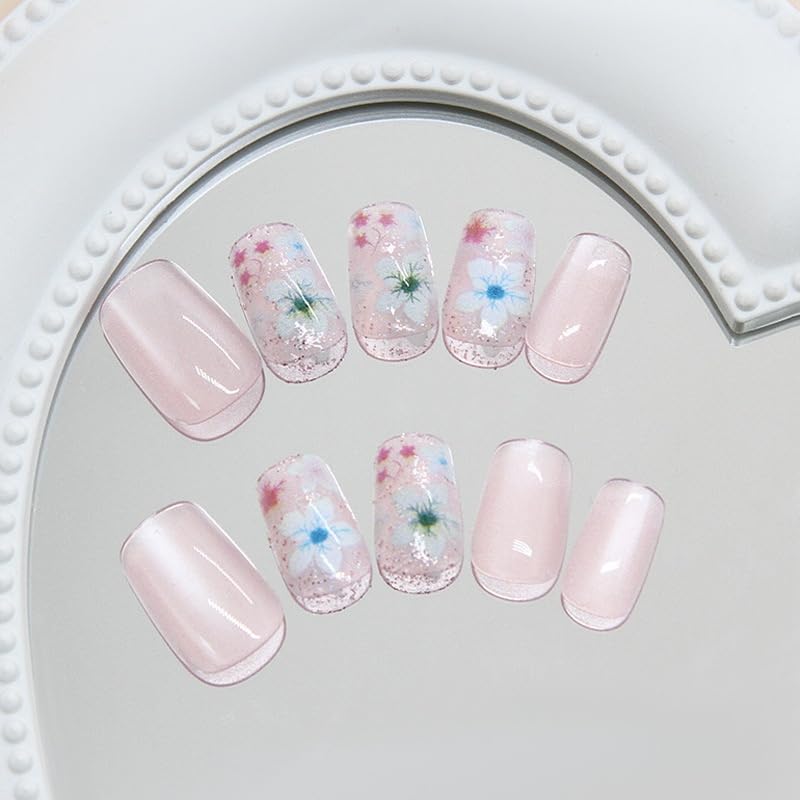 S.A.V.I Press on Nails Nude Pink Floral Cat Eye Medium Coffin 30 Pcs | Reusable Gloss Finish False Tips with Glue & Adhesive Tabs, Pink Daisy Design, DIY Manicure for Women