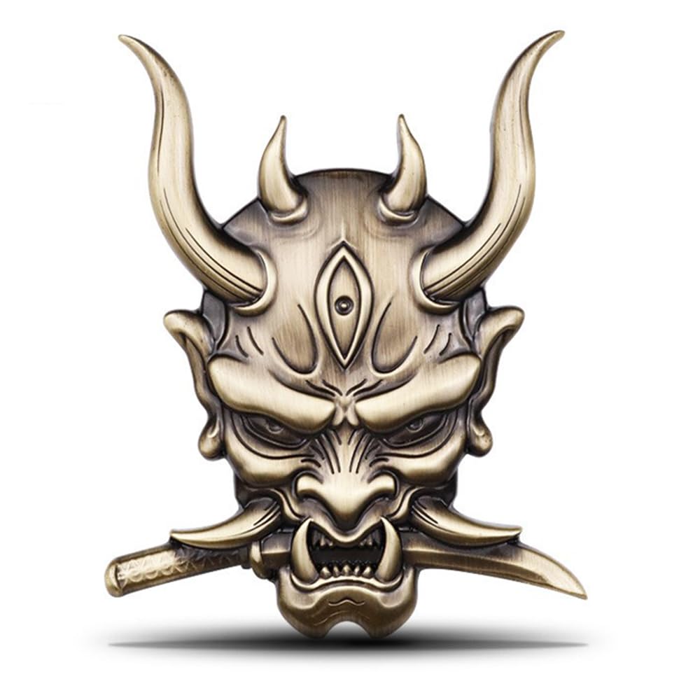 SAVIAURA 3D Samurai Skull Emblem: Japanese Warrior Car Logo Sticker – Metal Exterior Accessory, Bronze Color