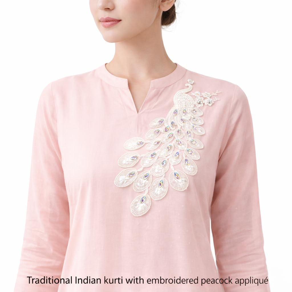S.A.V.I White Peacock Embroidered Sew-On Applique Patch 14 x 30 cm with Crystal Stones, Net Fabric Motif for Saree, Blouse, Kurti & Gown Decoration (Right, White, OneSize)