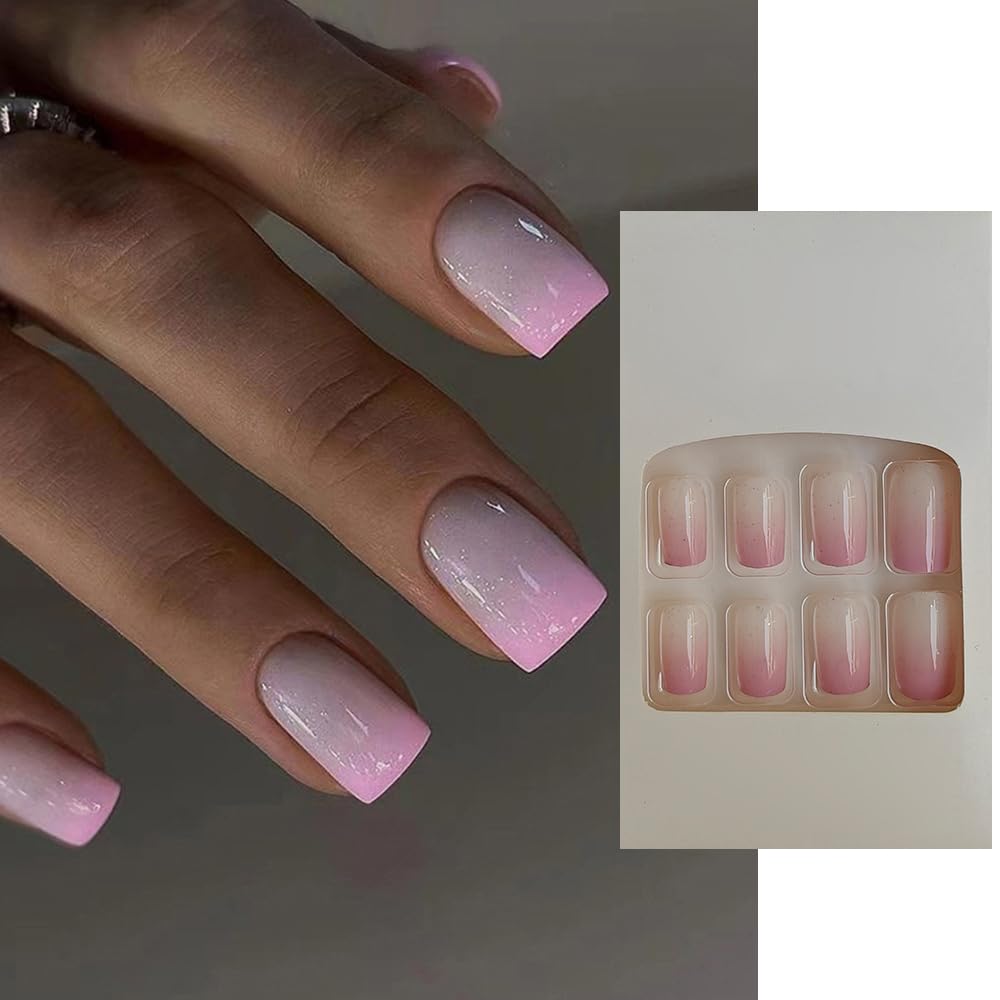 S.A.V.I 24 Pcs Beige Pink Ombre Press-On Nails | Medium-Length Square Shape | Natural-Look Fake Nails Kit for Women | Delicate, Comfortable | Special Occasions | DIY Ready