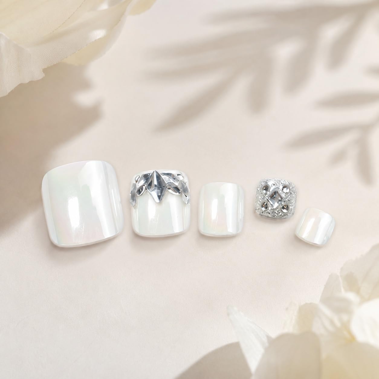 S.A.V.I Press on Toenails for Women 24 Pcs White Chrome Square
