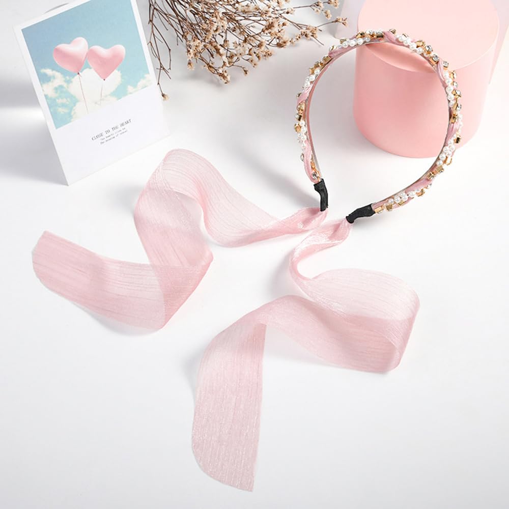 S.A.V.I Pink Pearl & Rhinestone Embellished Headband for Women & Girls | 51cm Soft Satin Ribbon Hairband | Stylish Hair Accessory for Weddings, Parties, Festive