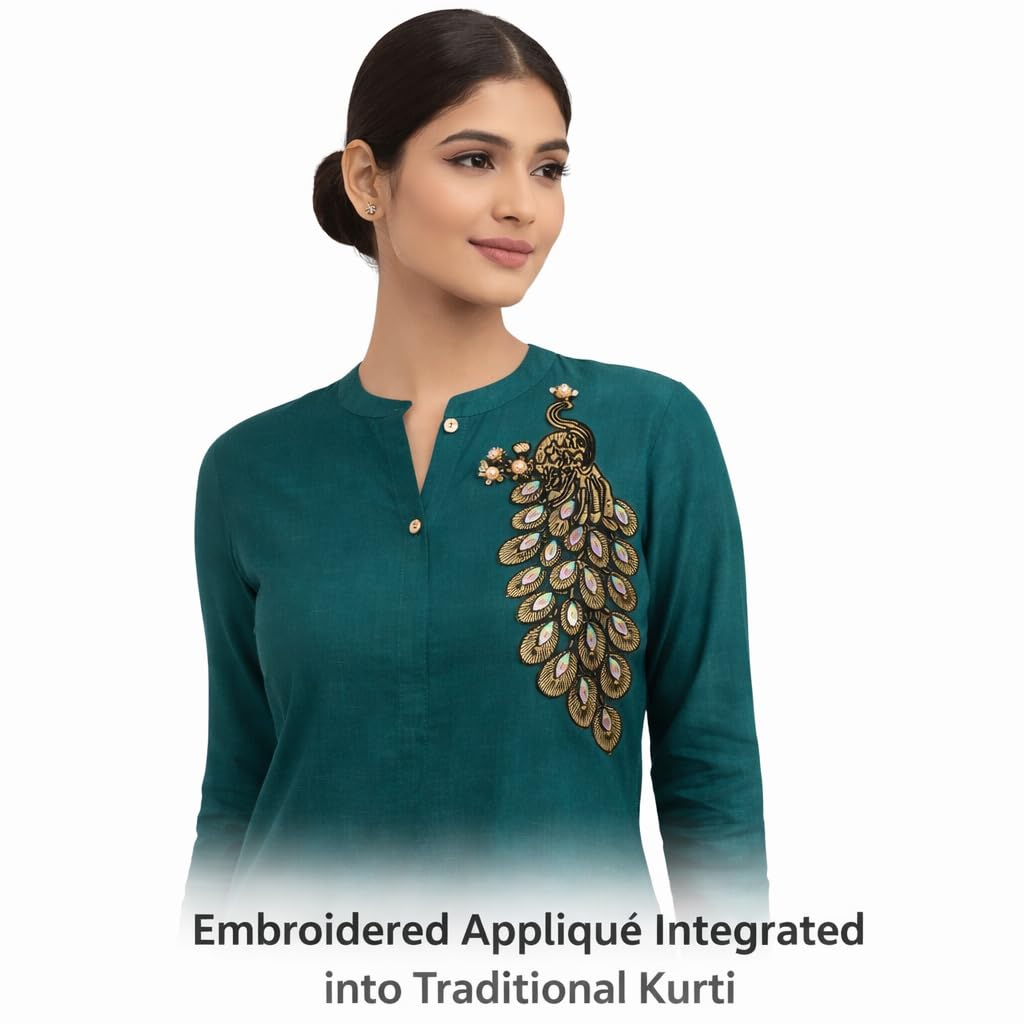 S.A.V.I Gold & Black Peacock Embroidered Sew-On Appliqué Patch 14x30 cm | Zardozi Threadwork with Crystal Stones | Designer Blouse Saree Kurti Gown Decoration (Left, Black & Gold, OneSize)