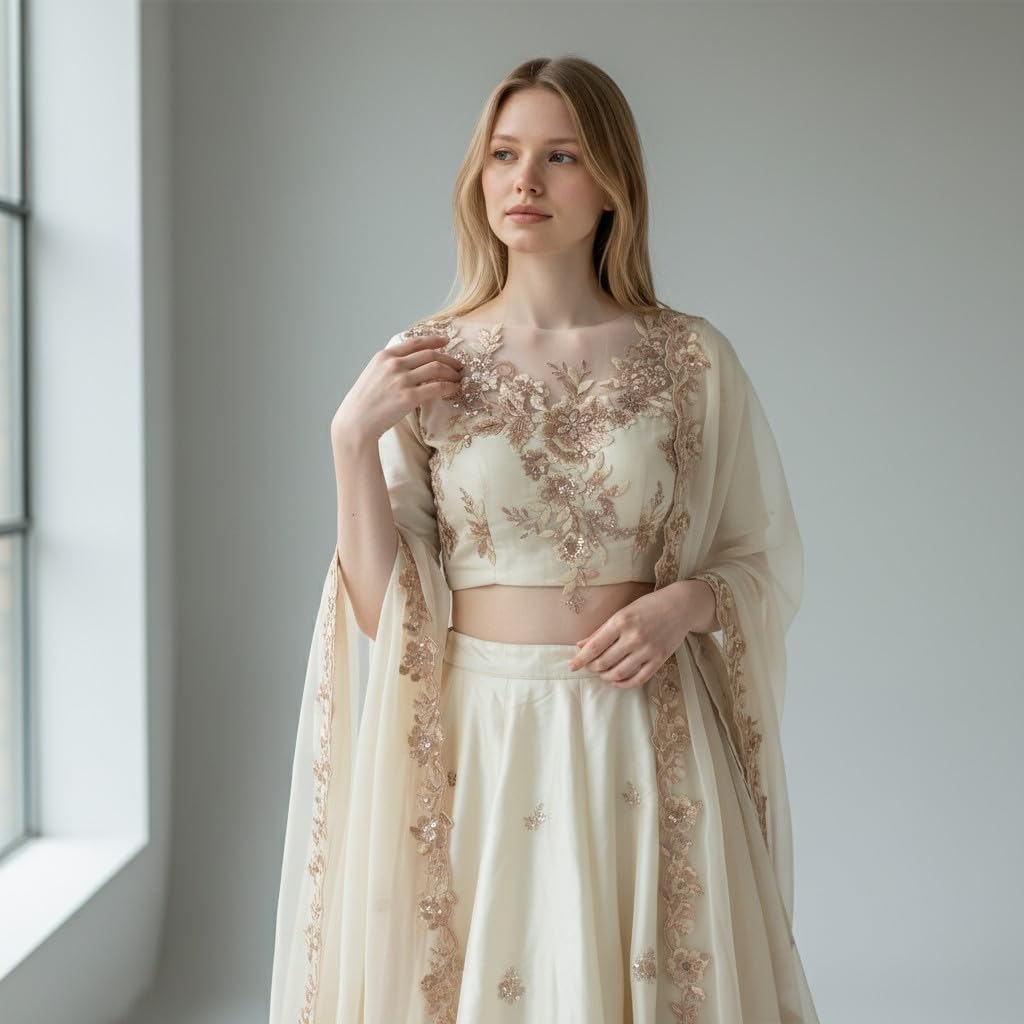 S.A.V.I Light Café Peach Floral Embroidered Applique Patch 29x25 cm, Net Fabric with 3D Sequin & Thread Work, Asymmetrical Sew-On Motif for Blouse Saree Lehenga Gowns (Light Coffee)