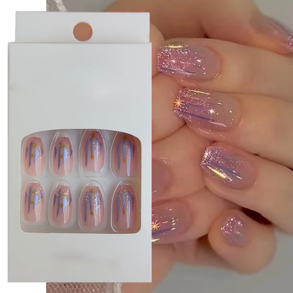 S.A.V.I Pink Purple Glitter Press-On Nails, 24 Pcs Short Coffin Shape with Adhesive Tabs  Glue, Aurora Effect