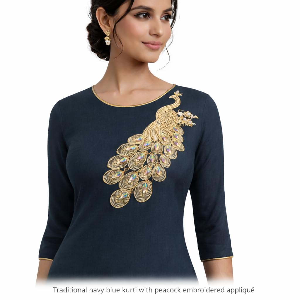 S.A.V.I Gold Peacock Embroidered Sew-On Applique 14 x 30 cm | Luxury Threadwork with Iridescent Stones | Designer Ethnic Motif for Saree, Blouse, Kurti & Gown (Left, Gold, OneSize)