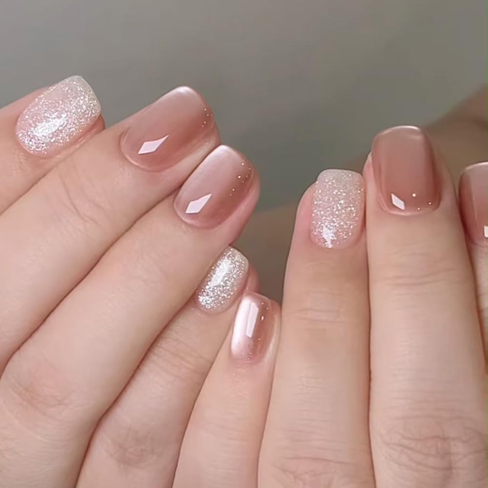S.A.V.I 24 Pcs Nude Cat's Eye Glossy & Glitter Press On Nails | Short Square Fake Nails with Glue & Adhesive Tabs | Reusable Natural Nail Tips for Women & Girls | DIY Manicure Kit at Home