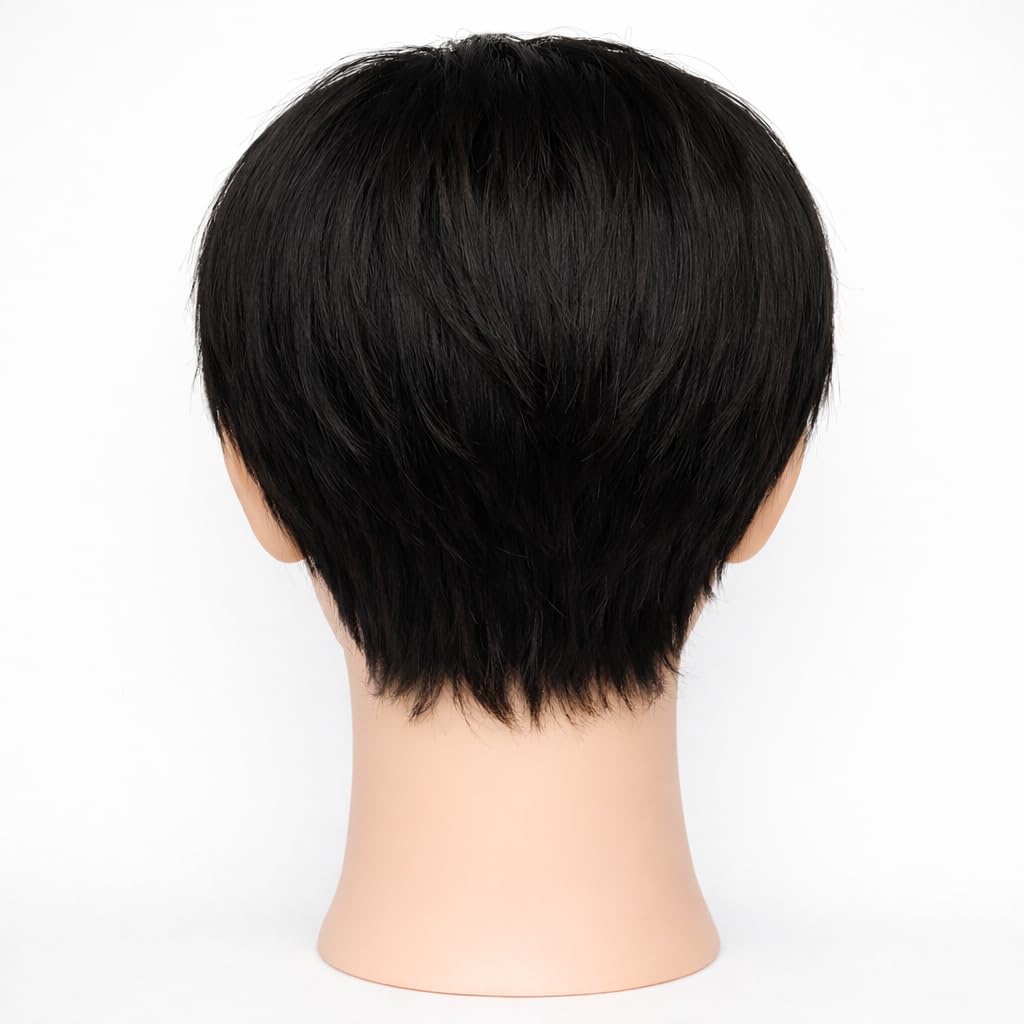 S.A.V.I 100% Human Hair Wig for Men, Natural Black Korean Style Short Pixie Cut, Straight Layered Full Coverage, Realistic Scalp Appearance, Breathable & Lightweight
