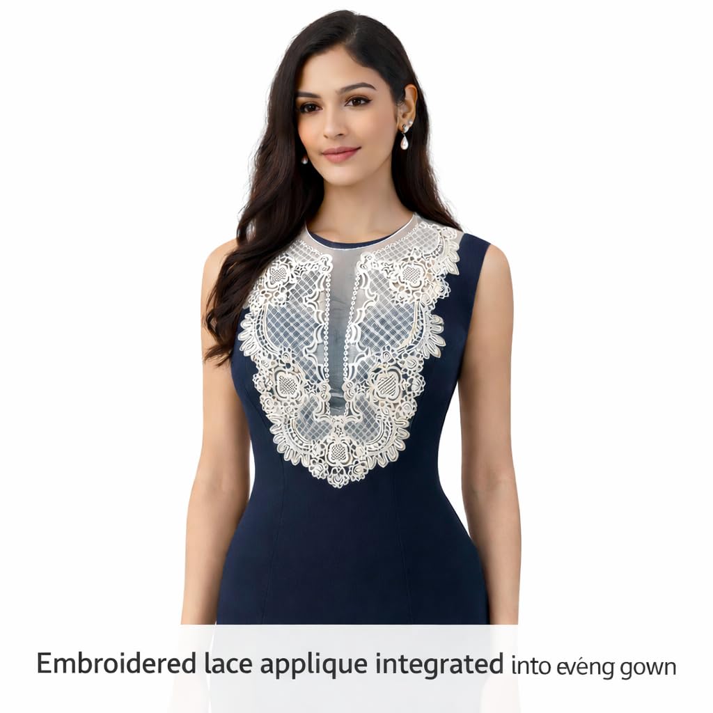 S.A.V.I White Floral Embroidered Lace Applique Neckline Patch 30 x 36 cm | Premium Mesh U-Neck for Gowns, Kurtis, Dresses & Ethnic Wear Sewing (Plain)