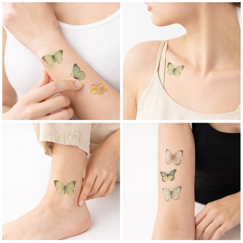 S.A.V.I 10 Sheets Green Butterfly Temporary Tattoos for Women & Girls, 6.8x12 cm Realistic Floral Waterproof Body Art Stickers, Safe Non-Toxic Long Lasting Design for Arm Hand Neck (#332)