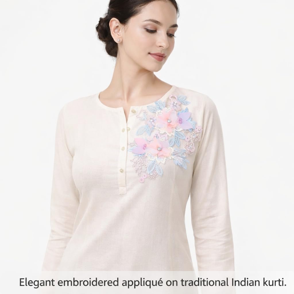 S.A.V.I Pastel Floral Embroidered Sew-On Appliqué Patch 20 x 29 cm, 3D Organza Flowers with Beads & Pearl Work, Leaf Design for Blouse, Gown, Saree, Kurti & DIY Craft (Left)
