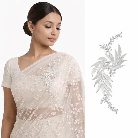 S.A.V.I White & Silver Floral Iron-On Embroidered Appliqué Patch 7.5 x 17 cm | Leaf Motif Threadwork Design for Dresses, Sarees, Blouses & DIY Fabric Craft (Left, White, 7.5 x 17 cm)