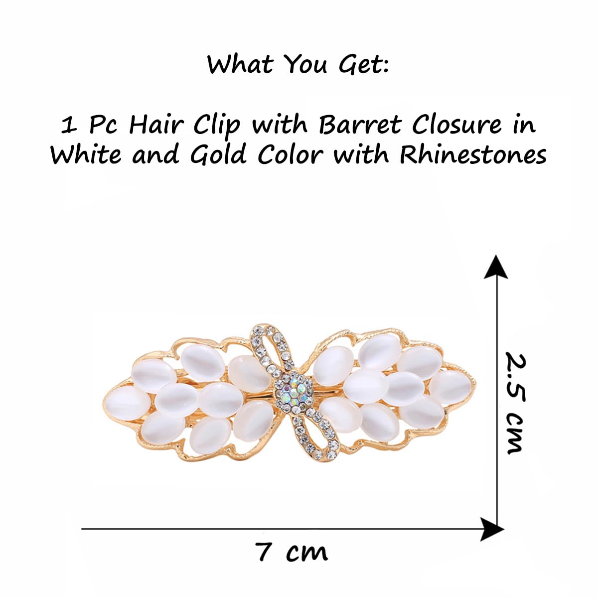 S.A.V.I White & Gold Floral Hair Barrette Clip for Women, Rhinestone Pearl Petal French Metal Hair Pin, Elegant Party Wedding Daily Wear Hair Accessory for Girls & Women, 7 cm