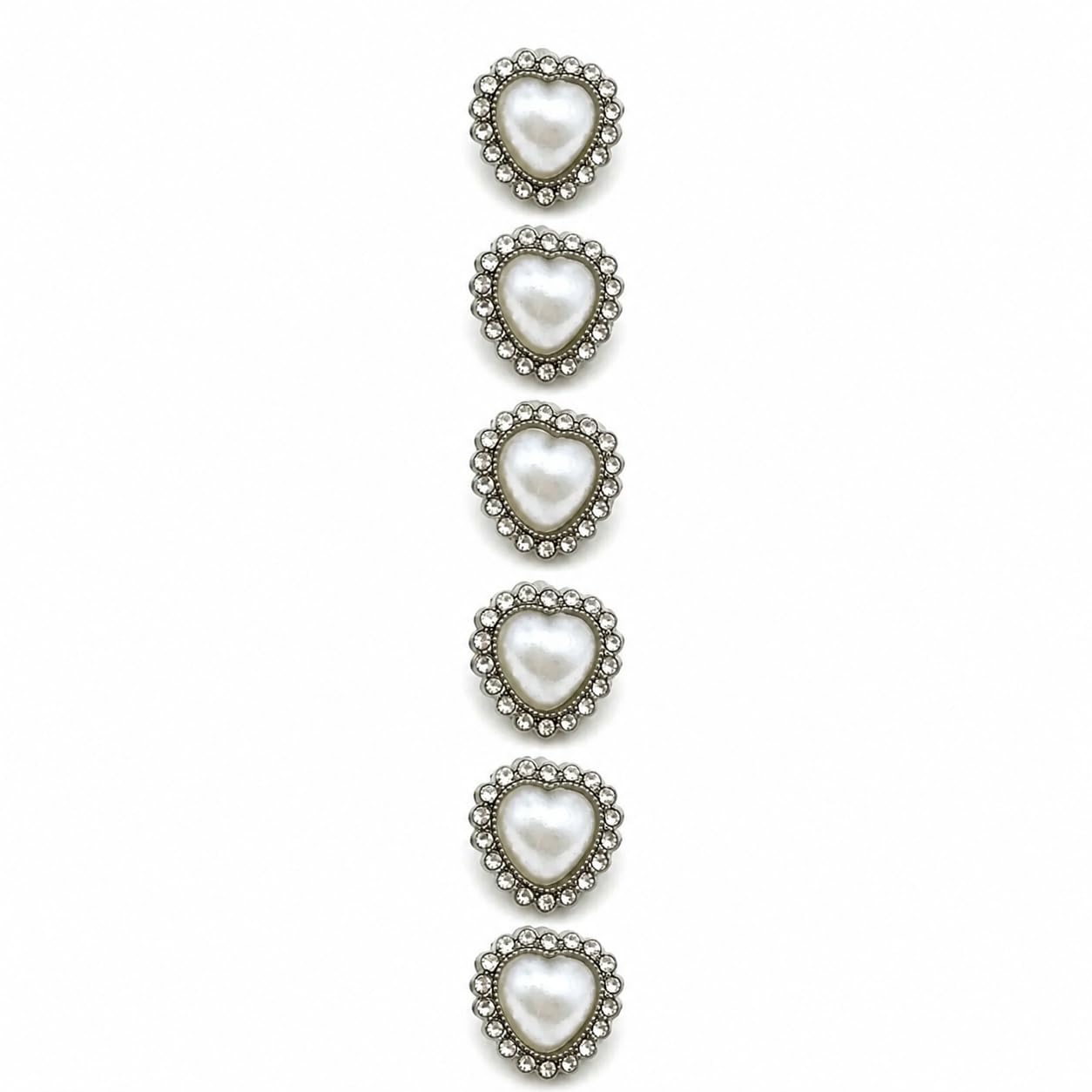 S.A.V.I Pearl Heart Rhinestone Shank Buttons Silver Tone 12mm | Set of 6, DIY Garment Crafts, For Blouses & Shirts, Decorative Fasteners