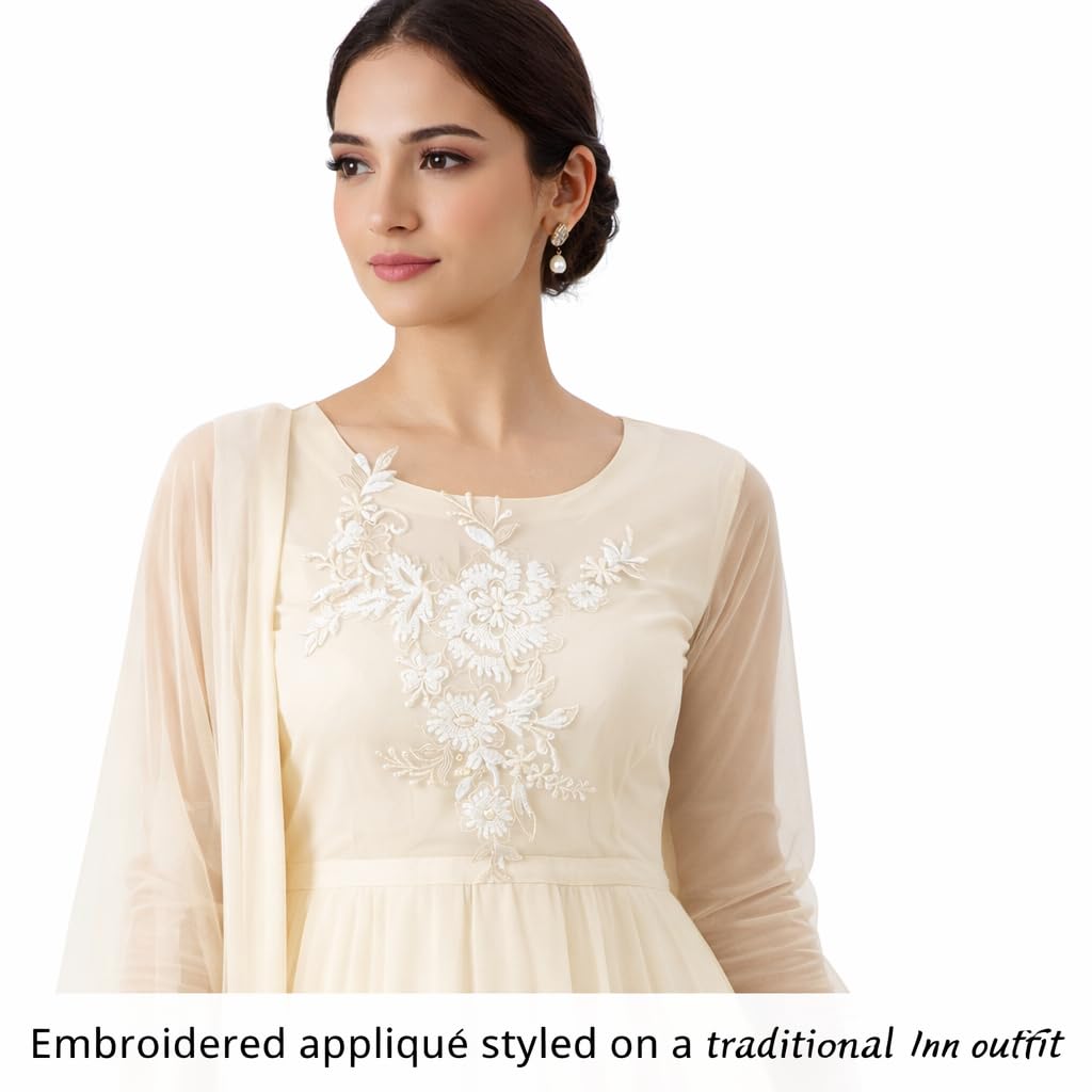 S.A.V.I White Floral Embroidered Lace Applique Patch 25 x 29 cm | Sew-On Net Fabric with Pearl Work | Bridal & Evening Gowns Motif for Sarees, Kurtis (White)