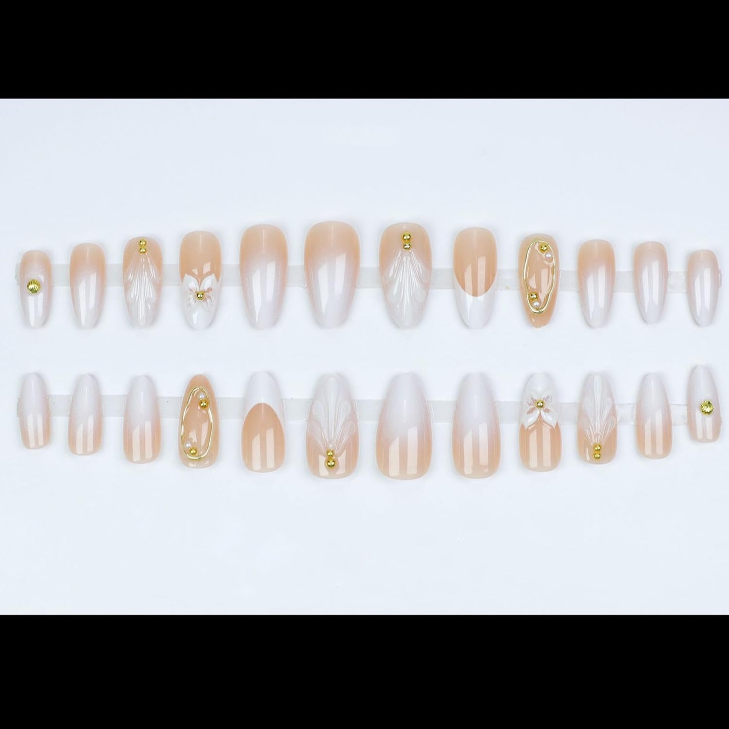 S.A.V.I 24 Pcs Long Almond Shape Press On Nails for Women | Nude & White Gloss Finish | 3D Shell Floral Design | Reusable Artificial False Nails with Glue & Adhesive Tabs