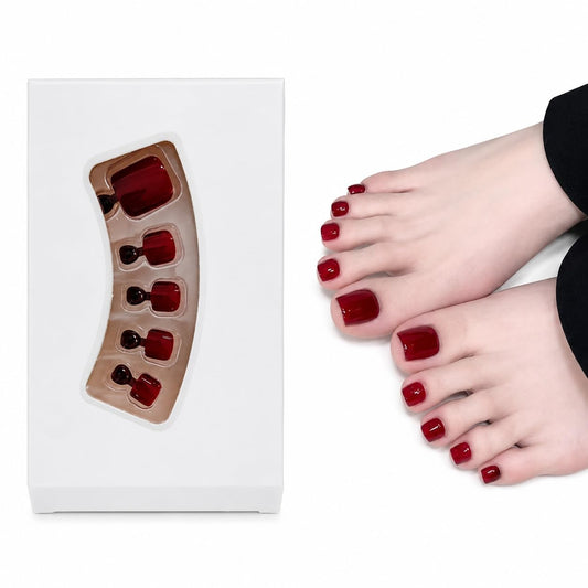 S.A.V.I Burgundy Press on Toenails Short Square Shape 24 Pcs | Natural Design with Glue & Adhesive Tabs Included, Reusable Full Cover Pedicure Tips for Women, DIY Nail Art