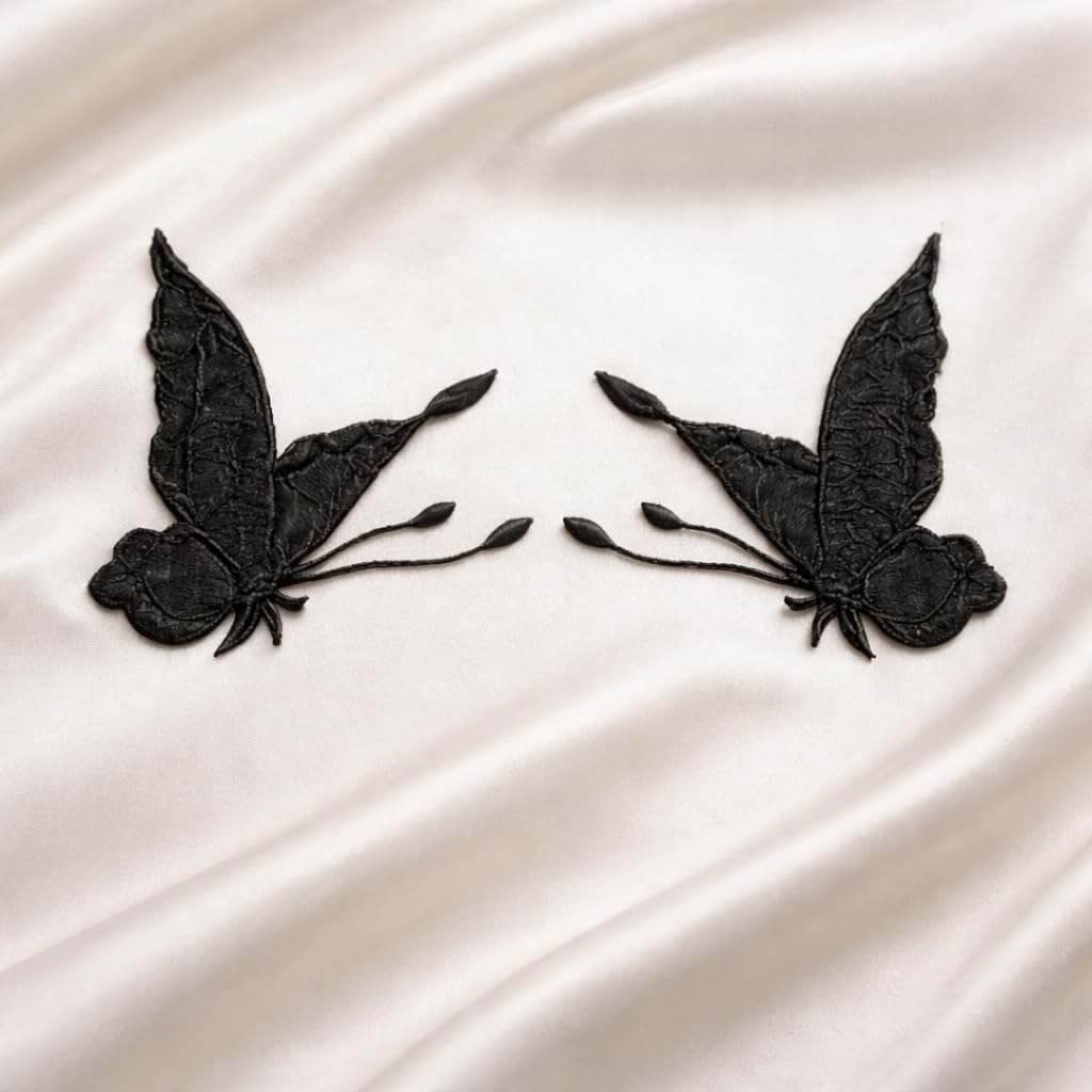 S.A.V.I Black Embroidered Butterfly Applique Patch Pair (Left & Right), Sew-On Fabric Motif 12.5 x 9.3 cm, Thread Work for Dresses, Shirts, Denim, DIY Fashion (Black)