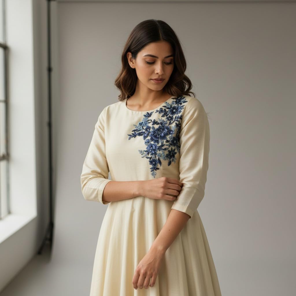 S.A.V.I Navy Blue Floral Sew-On Appliqué Patch 25 x 29 cm | Sequin & Thread Work Net Mesh | Designer Neckline Motif for Anarkali, Kurti, Gown & Dresses (Navy Blue)