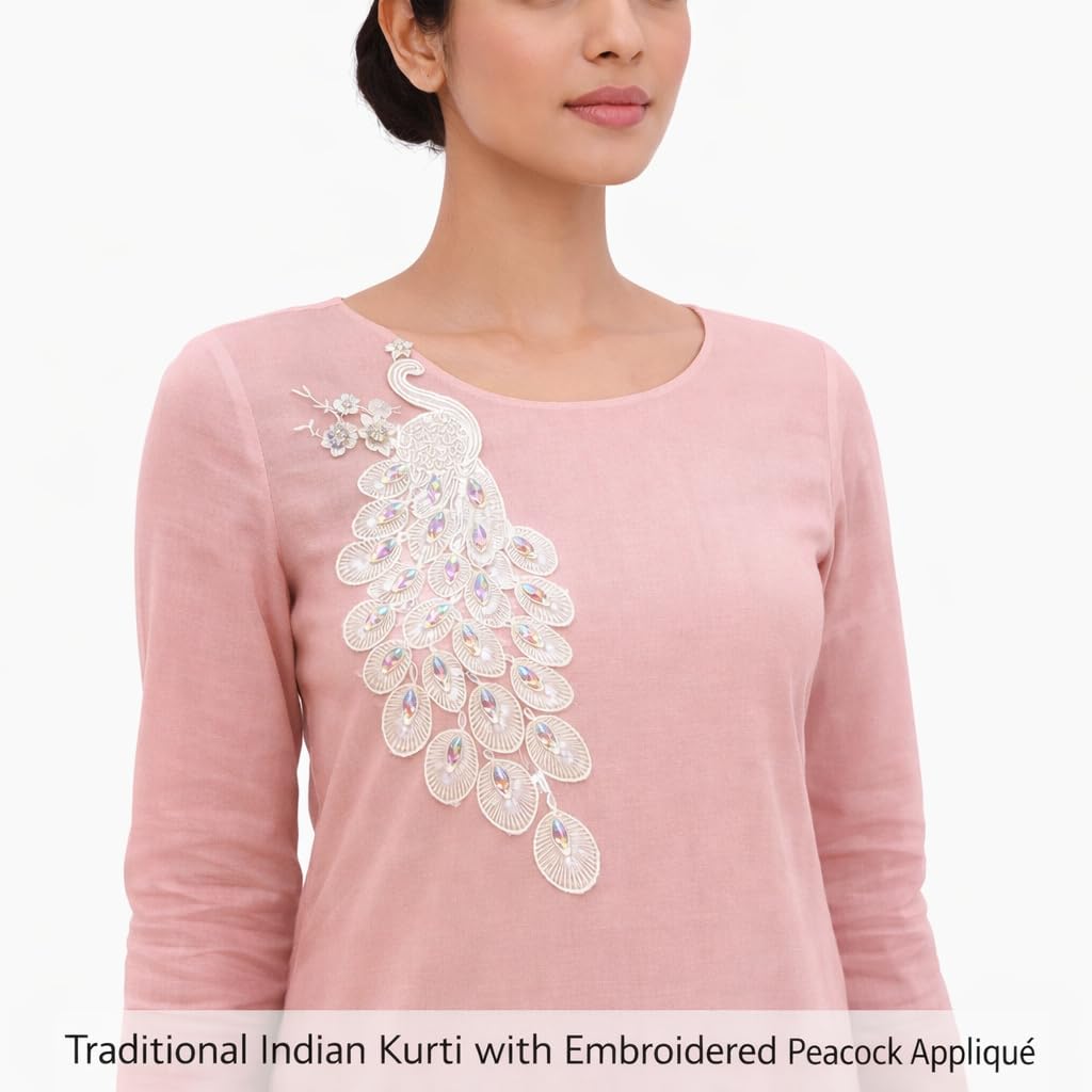 S.A.V.I White Peacock Embroidered Sew-On Applique Patch 14 x 30 cm with Crystal Stones, Net Fabric Motif for Saree, Blouse, Kurti & Gown Decoration (Left, White, OneSize)