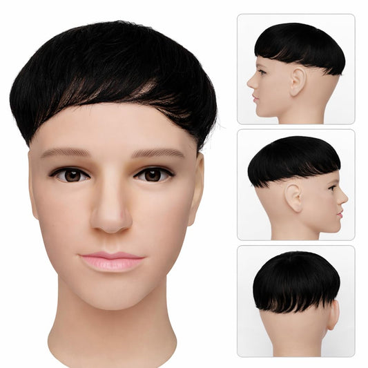 S.A.V.I Black 100% Human Hair Short Bowl Cut Wig for Men with Bangs & Undercut | Natural Straight Clip-In Topper | Breathable, Lightweight, Realistic Scalp Finish