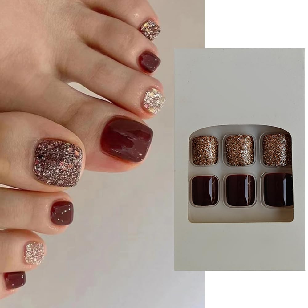 S.A.V.I 24 Pcs Gold Glitter  Wine Maroon Short Toe Nails Set | Natural Shape False Nails | Reusable, Comfortable Artificial Toe Nails for Women | Elegant DIY Manicure Nail Art – Perfect for Parties  Events
