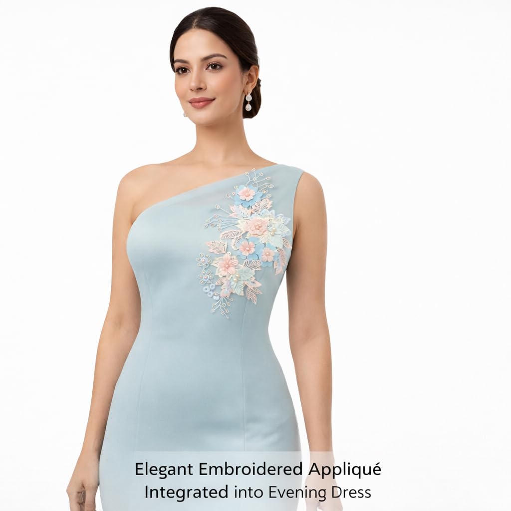 S.A.V.I Pastel Blue & Peach Floral Embroidered Sew-On Appliqué Patch 25 x 16.5 cm with Pearl & Thread Work | Fabric Motif for Saree, Kurti, Gown & Dress Designing