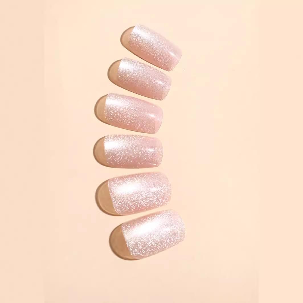 S.A.V.I Press on Nails Pink Nude Cat Eye Medium Square 24 Pcs | Reusable Glossy Artificial Fingernail Set with Glue & Adhesive Tabs, Easy DIY Manicure for Women