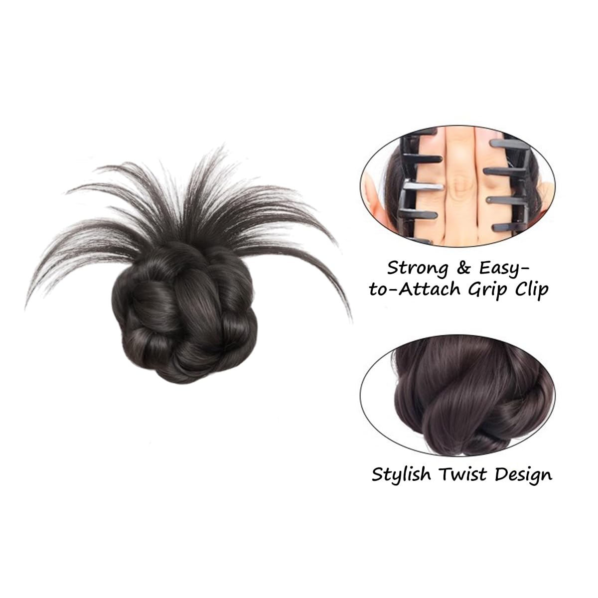 S.A.V.I Clip-On Hair Bun Extension for Women, Natural Black Messy Bun Scrunchie, Synthetic Fiber Twisted Updo Hairpiece with Grip Clip, Medium Round Juda for Casual & Party Styling
