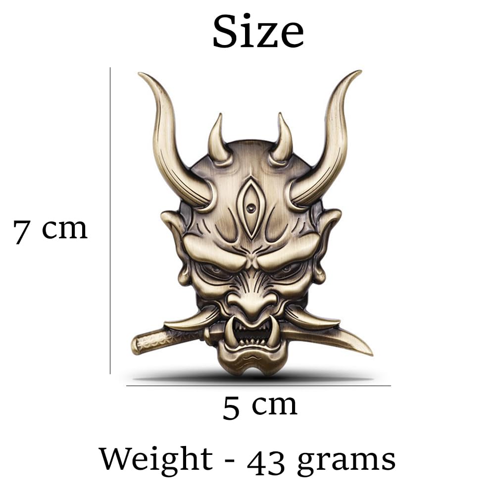 SAVIAURA 3D Samurai Skull Emblem: Japanese Warrior Car Logo Sticker – Metal Exterior Accessory, Bronze Color