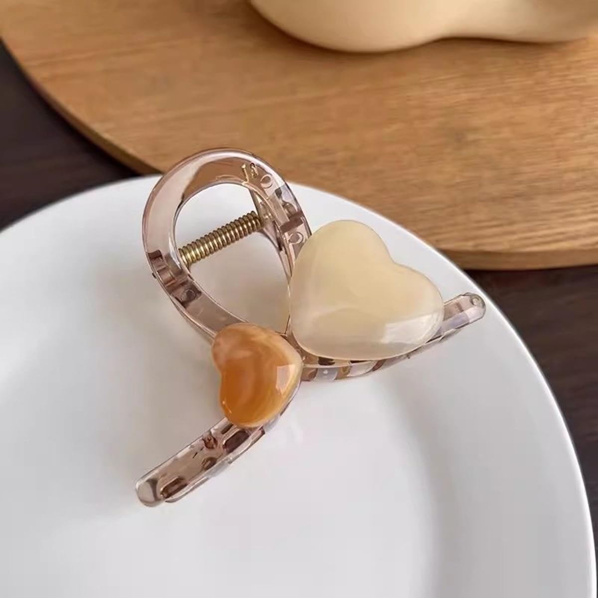 S.A.V.I Heart Design Hair Claw Clip for Women & Girls | White & Brown Marble Look Acrylic Clutcher | 8cm Strong Grip Stylish Hair Accessory for Daily & Party