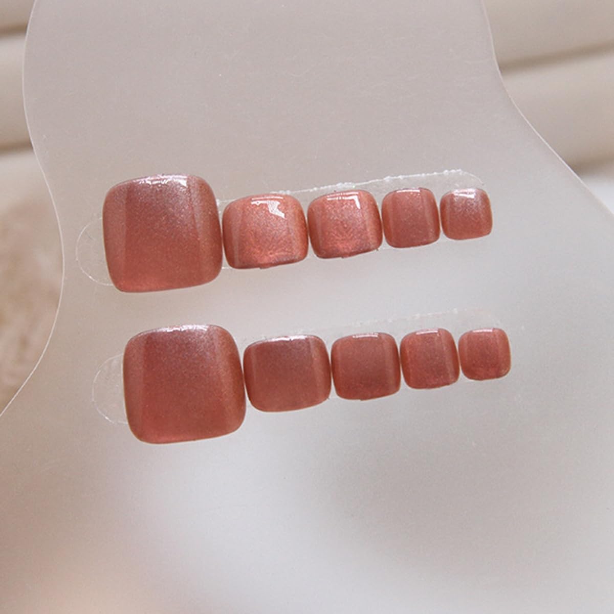 S.A.V.I Press on Toenails 24 Pcs Reddish Brown Cat Eye Short Square | Shimmer Finish with Glue & Adhesive Tabs, Natural Fit DIY Pedicure for Women, Durable Glossy Wear