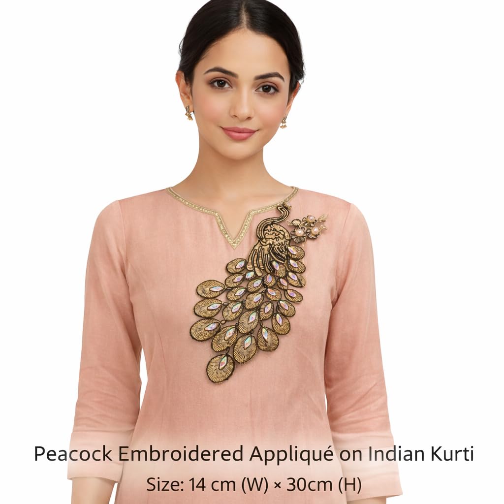 S.A.V.I Gold & Black Peacock Embroidered Sew-On Appliqué Patch 14x30 cm | Zardozi Threadwork with Crystal Stones | Designer Blouse Saree Kurti Gown Decoration (Right, Black & Gold, OneSize)