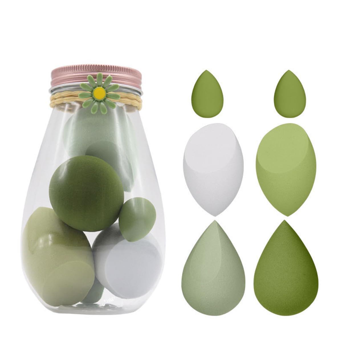 S.A.V.I 6 Pcs Green Beauty Blender Makeup Sponge Set | Soft Egg-Shaped Foundation & Concealer Puff for Flawless Blending | Latex-Free, Reusable, Wet & Dry Use | 4 Large + 2 Mini Sponges with Storage Jar (Green)