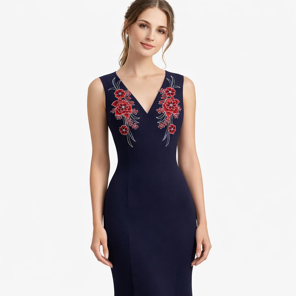 S.A.V.I Pair of Red & Navy Floral Embroidered Sew-On Applique (12.5 x 33.5 cm), Fabric Flower Patch for Women Dresses, Gowns, Kurtis & Blouses (Red)