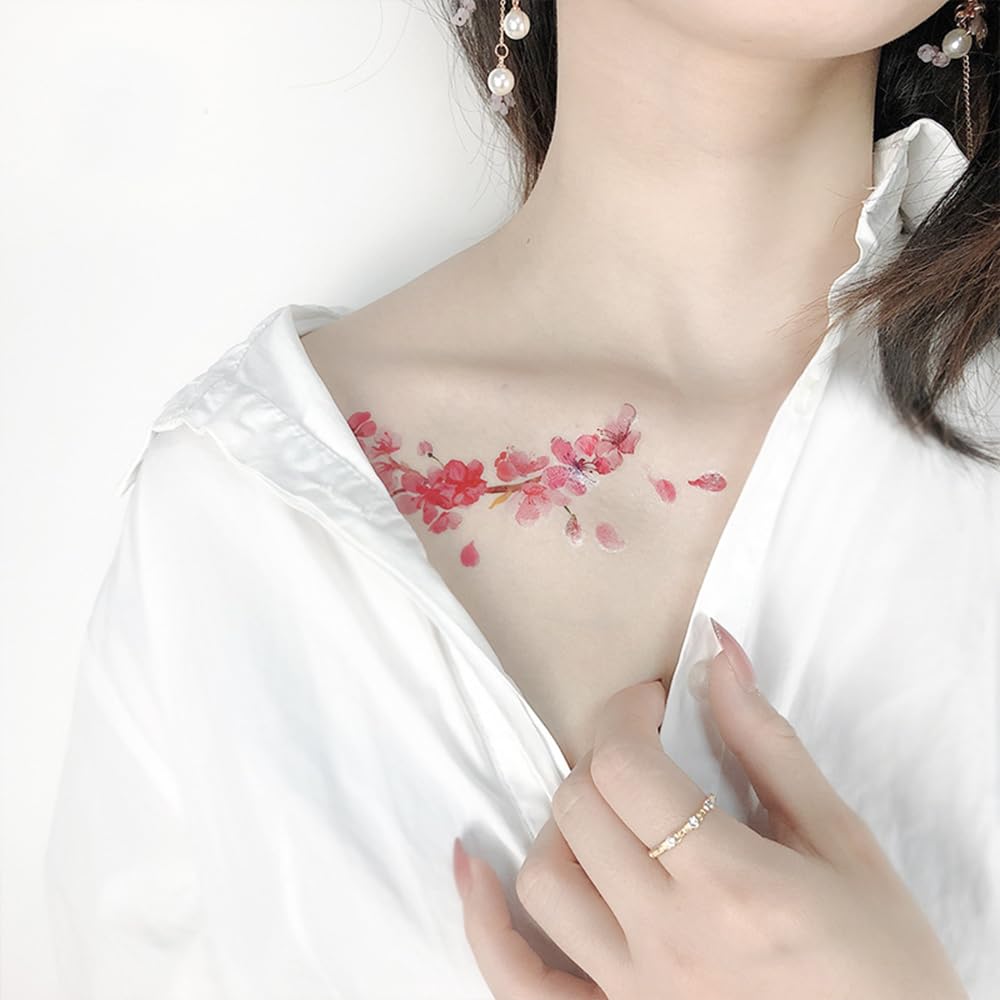 S.A.V.I 12 Pcs Floral Temporary Tattoos for Women & Girls | Safe Non-Toxic Waterproof Body Art Stickers | 10.5x12cm Cherry Blossom Design | Long-Lasting Arm, Neck, Shoulder Tattoo (3)
