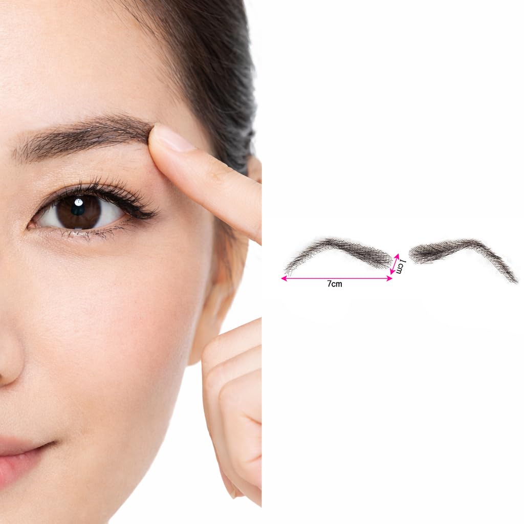 S.A.V.I Crescent Shape Glue-On Eyebrows for Women, Natural Black, 7 cm Hand-Tied Real Human Hair, Breathable Mesh Base, Reusable Fake Brow Set with Adhesive for Makeup, Alopecia