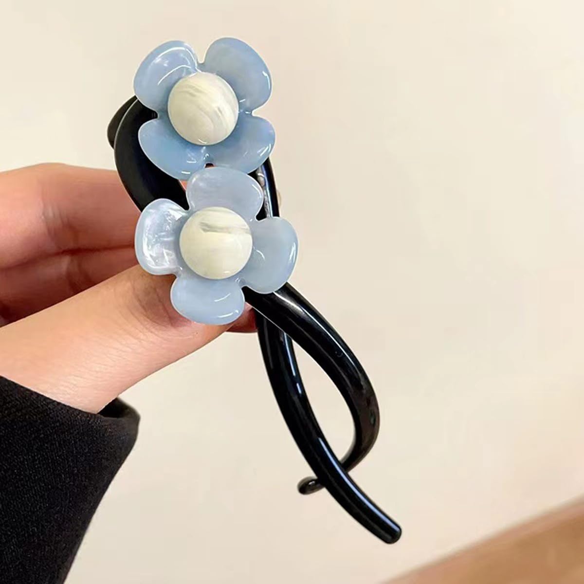 S.A.V.I Light Blue Flower Hair Clip for Women & Girls | Stylish Acrylic Floral Design | 11cm Long Black U-Shape Hairpin Strong Grip for Party Casual Daily Hairstyles