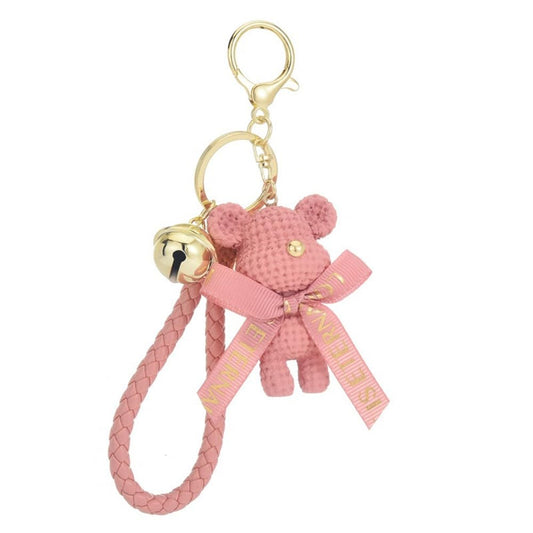 S.A.V.I Teddy Bear Keychain Pink Bag Charm with Gold Tone Bell | Braided Wrist Strap, Resin Finish, 7 x 4 cm, for Keys & Backpack, for Women & Girls
