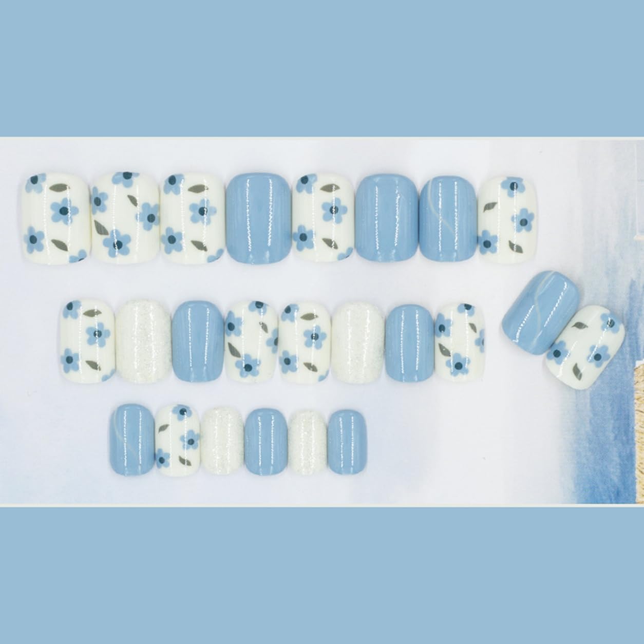 S.A.V.I Press on Nails for Women Blue & White Floral Design