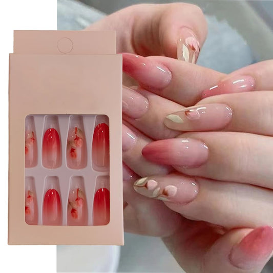 S.A.V.I 24pc Transparent Gradient Floral Press-On Nails Kit - Nude  Peach with Adhesive  Glue