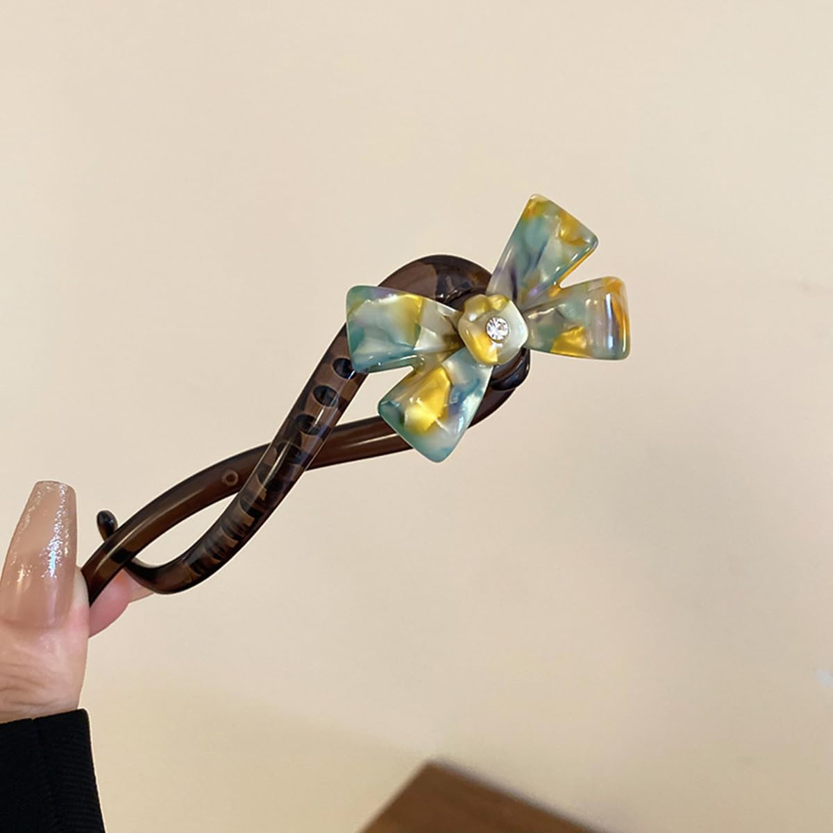 S.A.V.I Multicolor Acrylic Hair Clip for Women & Girls | Elegant Bow Design with Crystal Center | Strong Grip U-Shaped Ponytail & Bun Holder | 12cm Stylish Party & Daily Accessory