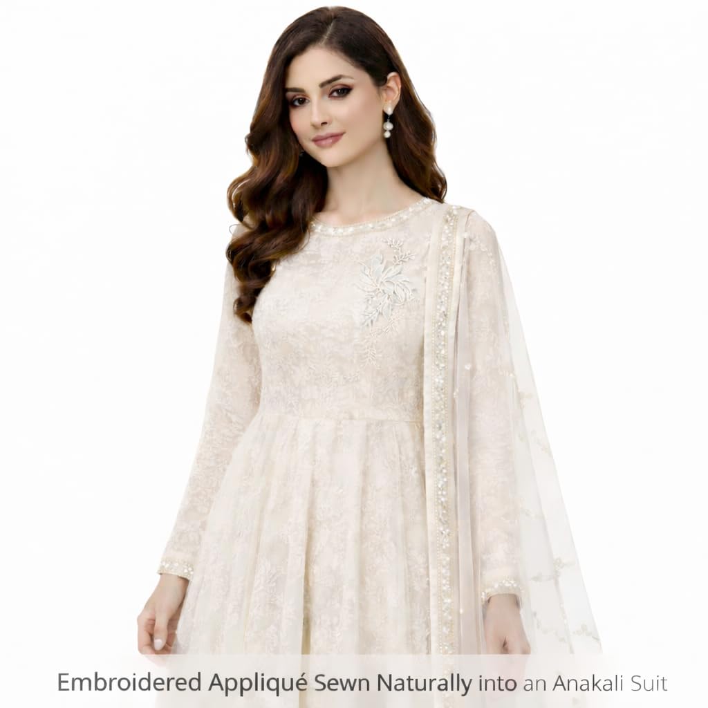S.A.V.I White & Silver Floral Iron-On Embroidered Appliqué Patch 7.5 x 17 cm | Leaf Motif Threadwork Design for Dresses, Sarees, Blouses & DIY Fabric Craft (Right, White, 7.5 x 17 cm)